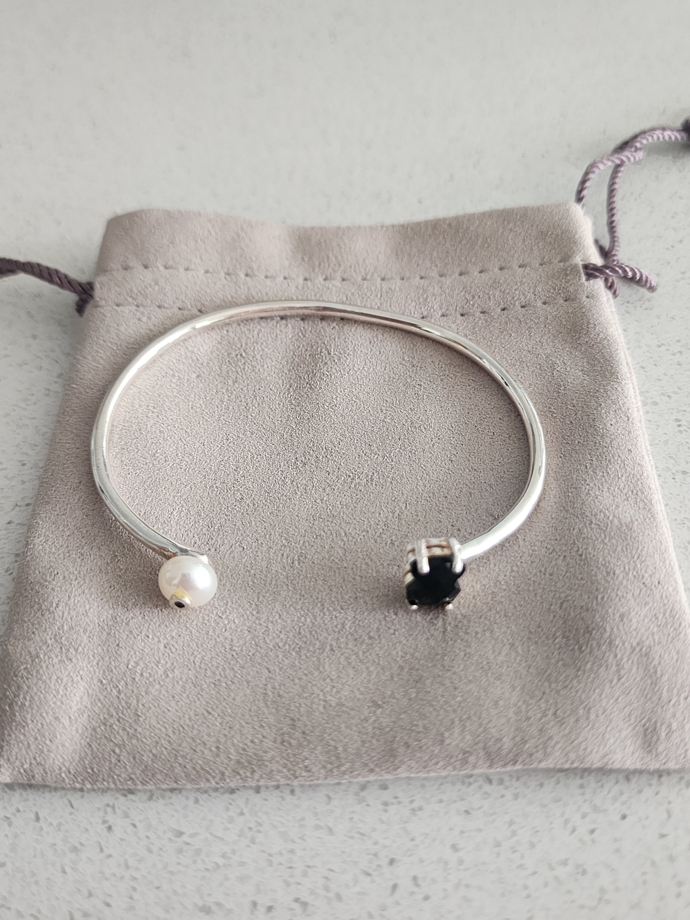 Tous Silver Open Bangle with Black Stone and Pearl